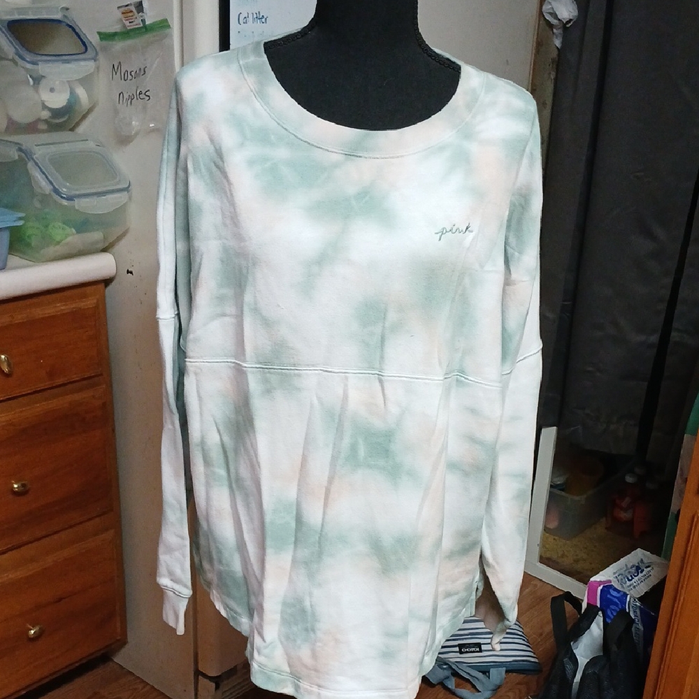 PINK Victoria's Secret Green and Cream Sweatshirt Medium
